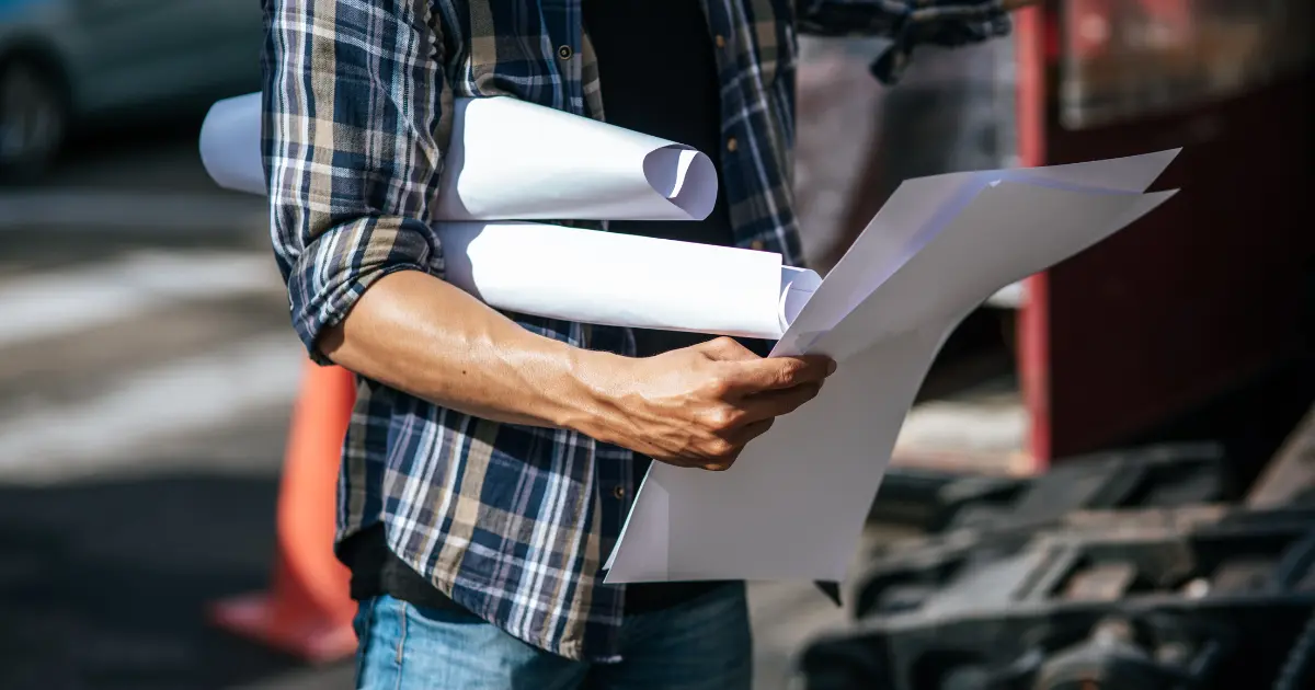 Construction technician reviewing documents and plans before the start of work on a construction project.