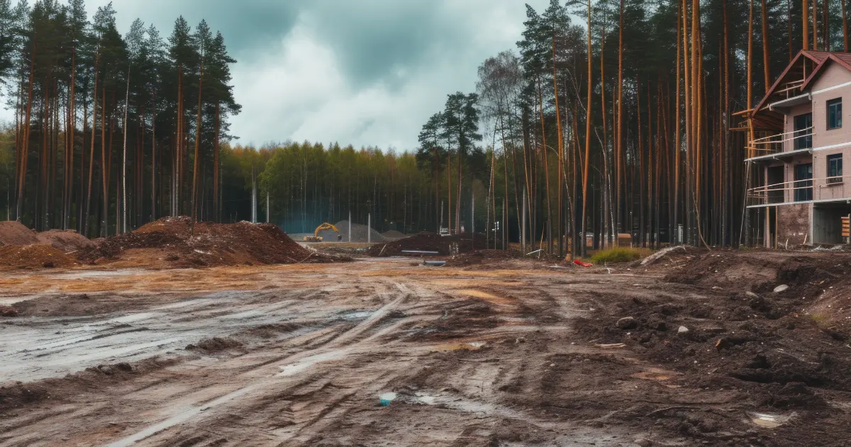 Land prepared for building a single-family home with construction machinery and house under construction on a plot