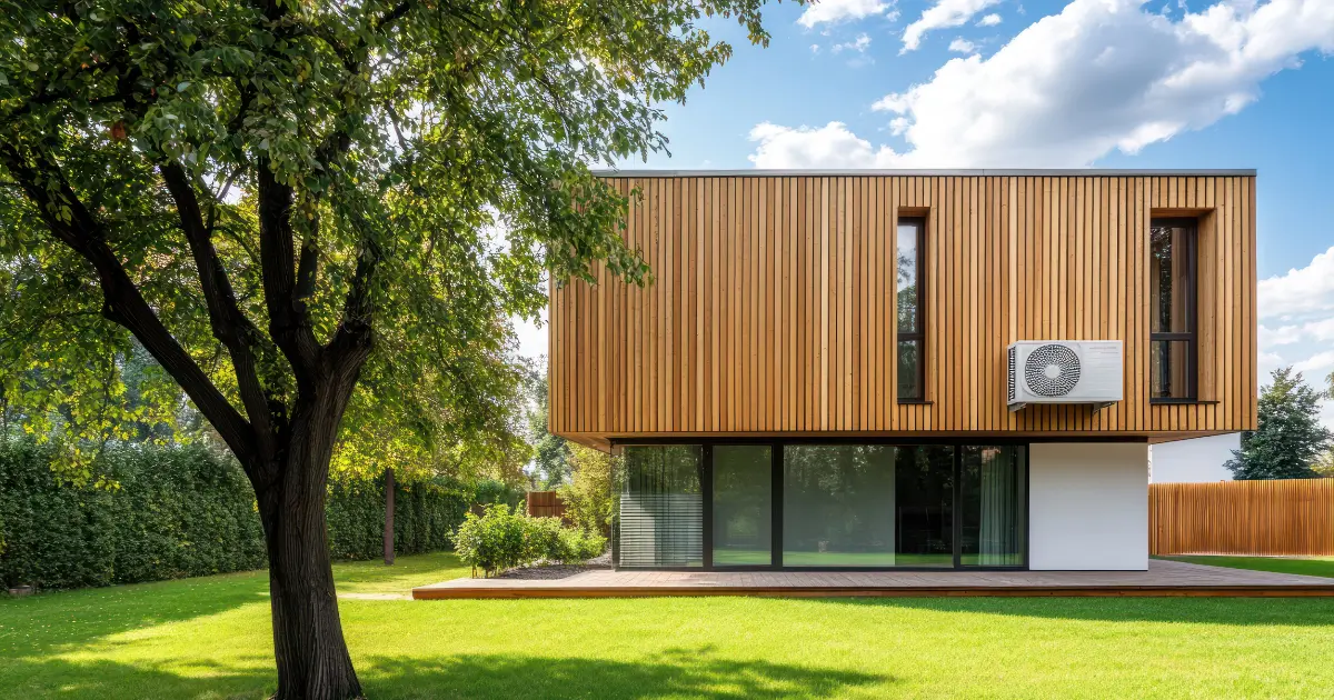 Modern passive house with wooden facade, large windows, and efficient design surrounded by a garden