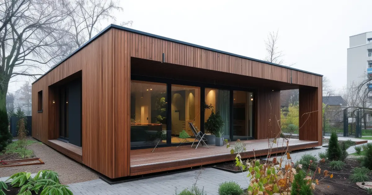 Sustainable passive house with wooden facade, high thermal insulation, and large windows.