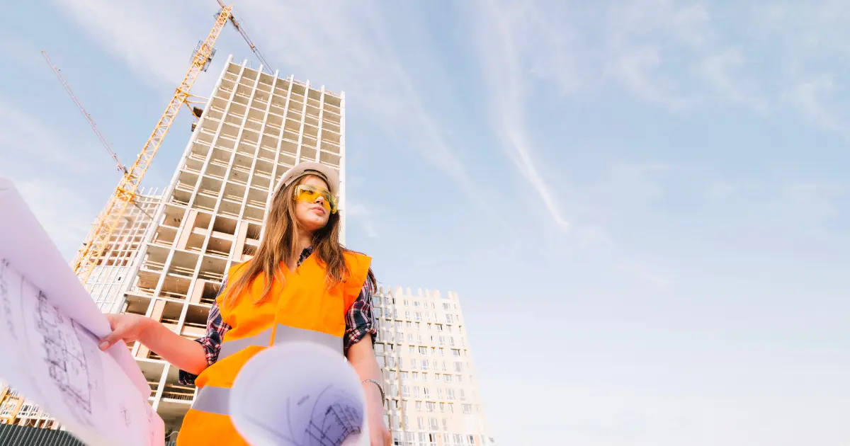 Arquitecta con planos frente a edificio en construcción con grúa