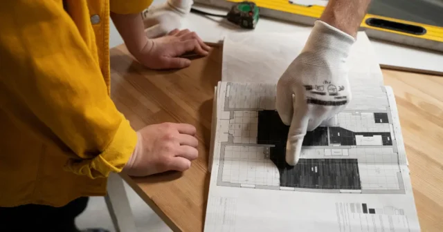 Manos señalando planos arquitectónicos de un proyecto de ejecución sobre una mesa