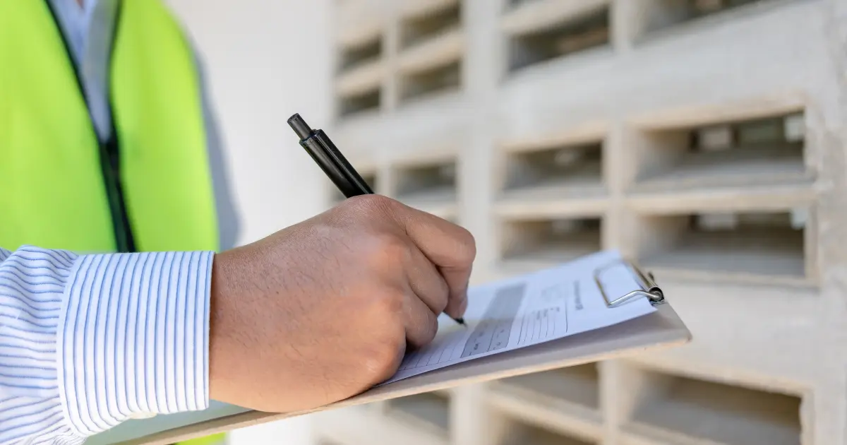 Inspector wearing a safety vest taking notes on a clipboard in front of a block wall