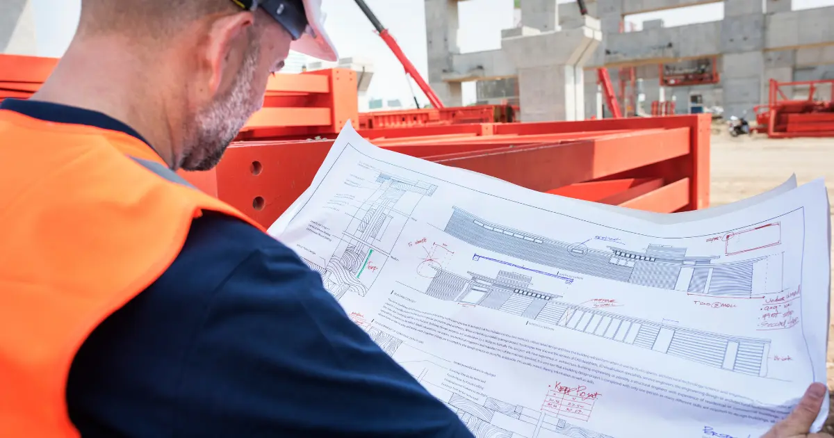 Worker wearing a safety vest reviewing structural plans at a construction site